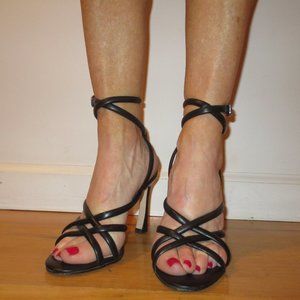 LAST CHANCE  ANTONIO MELANI Black Leather Ankle Strap High Heel Sandals